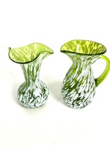 2 Rainbow Art Glass Green White Splatter Vase Pitcher Ruffled Vintage - £33.21 GBP