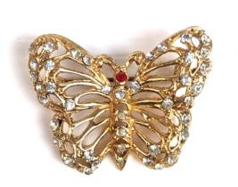 Vintage Butterfly Brooch Multicolor Rhinestone pin gold tone - $19.79