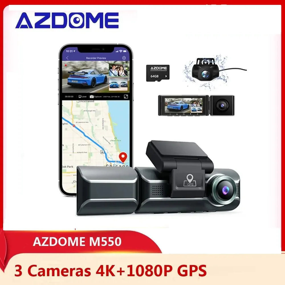 AZDOME M550 3 Channel Dash Cam Front Inside Rear Three Way Car Dash Camera - £184.64 GBP+