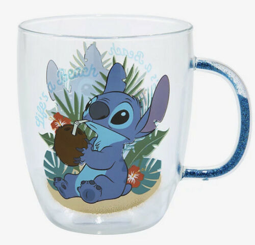 Disney Lilo And Stitch Beach Scene Floating Glitter Handle 14 OZ. Glass Mug - $34.15
