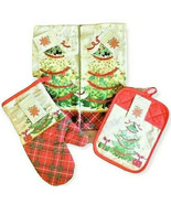 Christmas Tree Dish towels Pot holder Oven Mitt Appliqued Embroidered Se... - $27.41