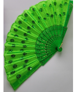 Gold &amp; Green Large Lace Floral Folding Hand Held Plastic Chinese Fan - $119.35 MXN
