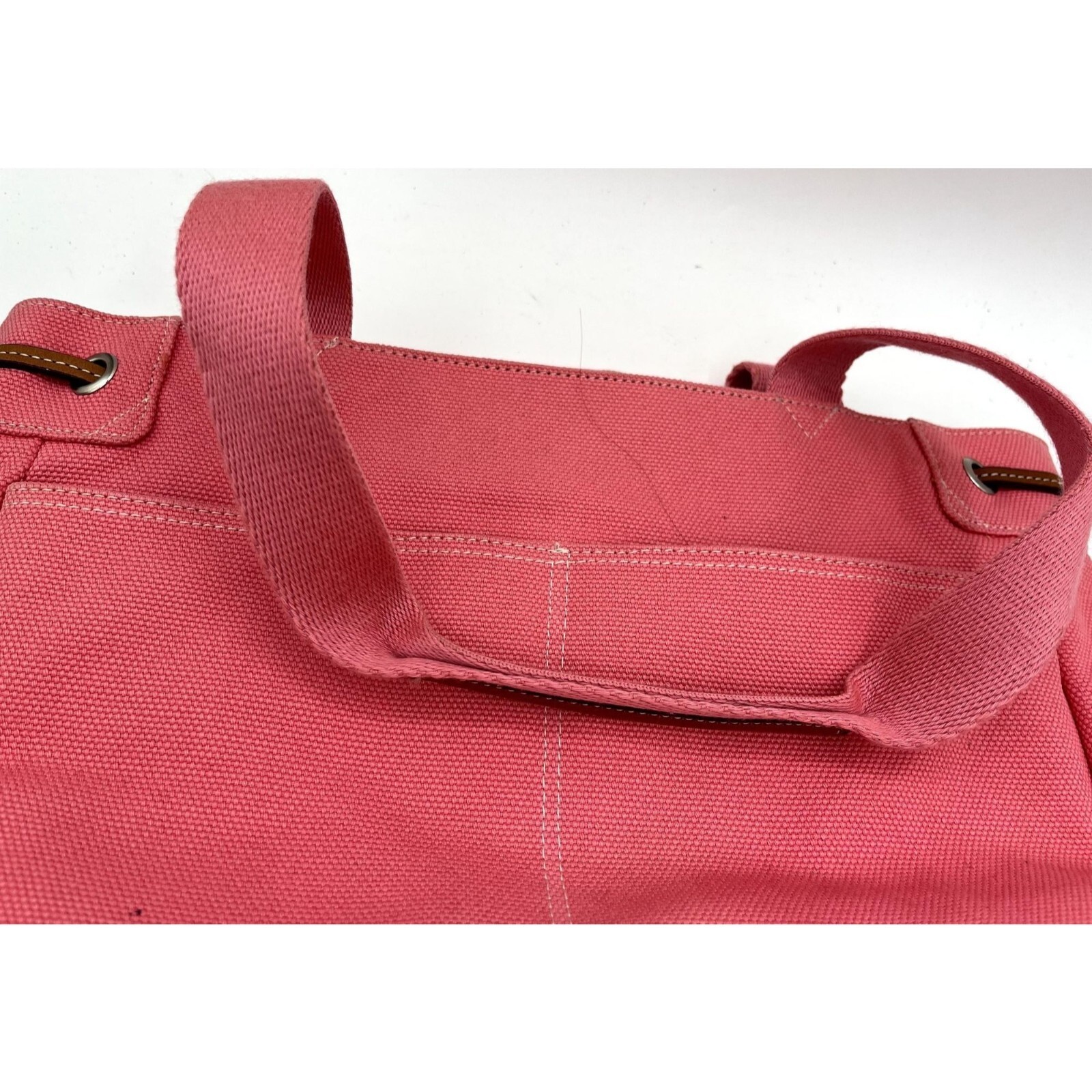 fossil pink canvas brown leather handbag satchel tote shopper key charm 75082 Item image 7