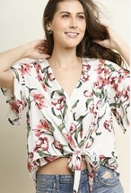 Umgee Cropped Tie Front Top Floral White Pink Boho Blouse Ruffle Sleeve NEW - £14.82 GBP