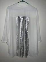 Chicos White Oversized Blouse Tunic Silver Accordion Pleats Metallic Tenna Sz 3 - $16.82