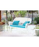 Jeco White Resin Wicker Porch Swing with Sky Blue Cushion - $657.66 CAD