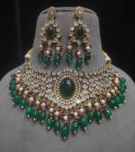 Bollywood Style Indien Plaqué Or Zircone Kundan Collier Ras Vert Ensembl... - $189.99