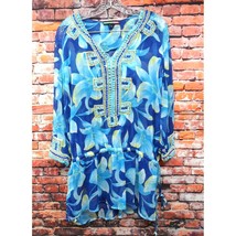 VTG Key Lime Pie Women&#39;s Blue Floral Beaded Tunic Blouse M - $12.29