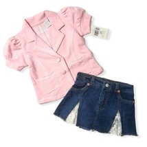VTG Guess Baby Girls Fleece Jacket 24 m Pink Denim Skort Set Short Sleeve Lace - £33.33 GBP