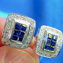 Earth mined Diamond Sapphire Deco Earrings Vintage Style Geometric Stud 14k Gold - $1,880.01