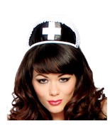 Black Nurse Hat White Cross Ruffle Trim Headband Head Piece Costume Roma... - $12.86