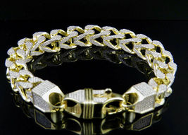 12Ct Round Cut Diamond Men&#39;s Miami Curb Cuban Bracelet 14K Yellow Gold Over - £265.60 GBP
