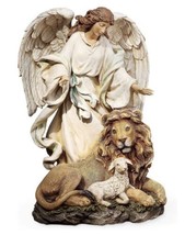 Guardian Angel With Lion And Lamb Figure On Base Resin &amp; Stone Decoration 9.25” - £107.15 GBP