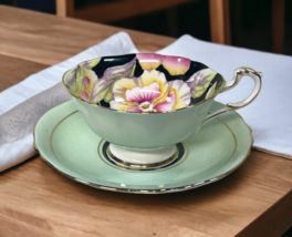 Mint Green Paragon Pansies Pansy Teacup Saucer  Double Warrant Flowers G... - £147.04 GBP