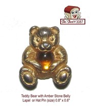 Vintage Pin Gold Teddy Bear Amber Stone Belly Lapel Pin - £7.86 GBP