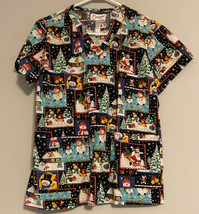 Peaches Scrub Top Novelty Santa &amp; Snowman Winter Christmas Theme Womens Medium - £8.56 GBP