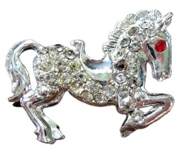 Rhinestone Crusted Silver Tone Horse Gallop Red Eye Pinback - £11.86 GBP