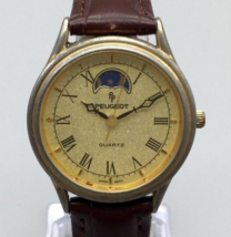 Vtg Peugeot Moon Phase Watch Women 32mm Gold Tone Brown Leather Band New Battery - £23.48 GBP
