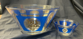 Mid Century Modern Atomic Hazel Atlas Blue and Gold Grapes Chip and Dip Bowls - £15.86 GBP