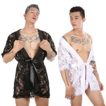 Men SEXY Lace Sheer Robe Bathrobe Nightwear G String Underwear Gown Paja... - $15.04