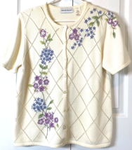 Alfred Dunner Button Up Cardigan Sweater Embroidered Floral Spring S Gra... - $13.98