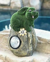 Whimsical Flocked Grass Bunny Rabbit On Rock Garden Statue With Solar LE... - $39.99