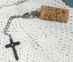 handmade WINE CORK KEY CHAIN w  1-1/2" CROSS silver black 2 sided design - $6.00