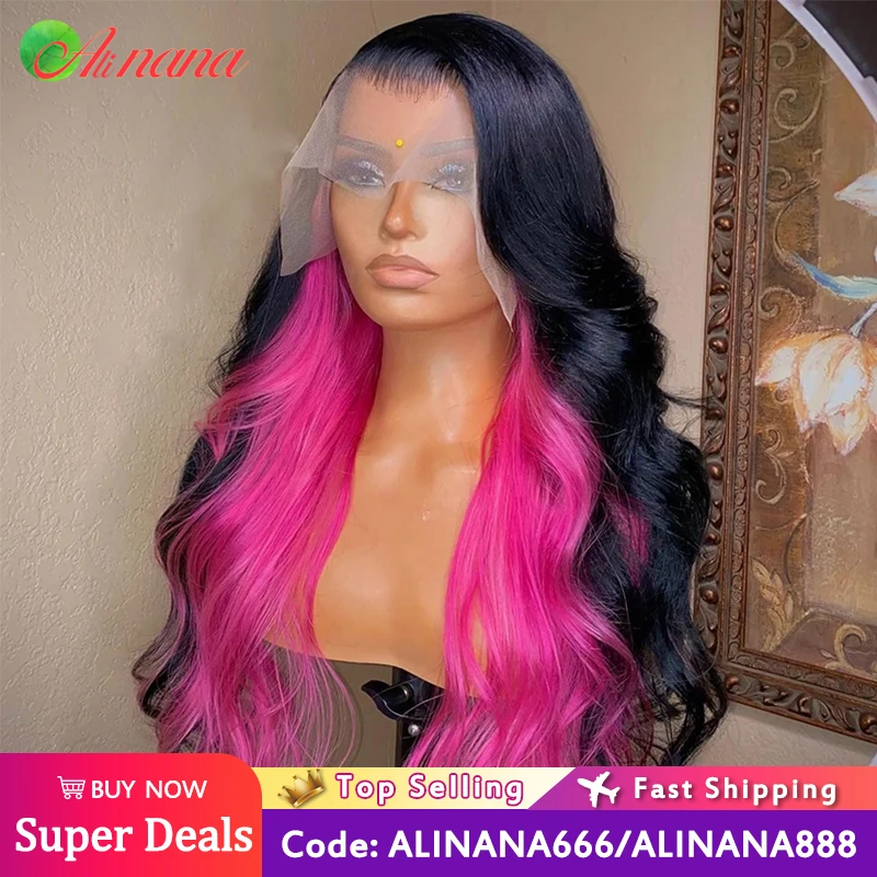 Black With Pink Colored  Body Wave 13x6 Lace Frontal Wig For Women 5x5 - £86.25 GBP+