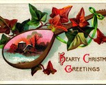 Hearty Christmas Greetings Ivy Mandolin Barn Scne Frame Embossed 1910s P... - $3.91