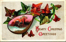 Hearty Christmas Greetings Ivy Mandolin Barn Scne Frame Embossed 1910s Postcard  - £3.08 GBP