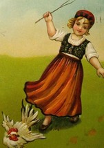 Easter Postcard Girl Chases Rooster Embossed 13711 Germany Utica New York 1907 - £8.25 GBP