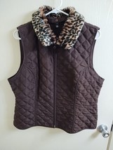 AGB Brown Quilted Vest With Faux Leopard Collar Size Extra Large - £11.11 GBP