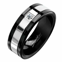 Mens Black Wedding Band Stainless Steel Cubic Zirconia Modern Ring Sizes 9-13 - £15.18 GBP