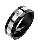 Mens Black Wedding Band Stainless Steel Cubic Zirconia Modern Ring Sizes... - £14.85 GBP