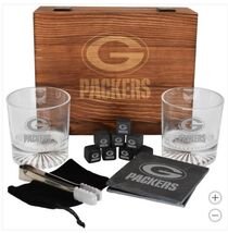 Green Bay Packers Drinkware Set Glasses Wood Box Coasters Cooling Cubes NFL - €71,12 EUR