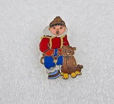 Enamel Lapel Hat Pin - Chinese Asian Kid with Cat in Cold Weather Clothes - £3.40 GBP