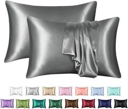 Satin Pillowcase 2 Pack Grey Silky Queen Size Cushion Zipper Cover Bedding - £41.69 GBP