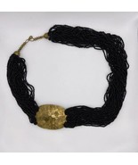 Seed Bead Brass Necklace Vintage Black Multi Strand Asymmetrical Hammere... - £31.10 GBP