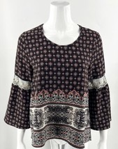 Miami Top Size Medium Black Red Pink Mosaic Print 3/4 Bell Sleeve Blouse... - $23.76