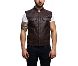 Leather Jacket Vest Biker Motorcycle Vintage Men Coat Mens Retro Moto Br... - £71.09 GBP