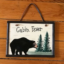 Rustic Cabin Décor Small Painted Wood Black Bear w Two Pine Trees Wall Plaque  - £8.99 GBP