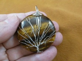 (j472-82) Brown Tiger&#39;s eye Tree of Life circle gemstone wrapped wired pendant - £19.42 GBP