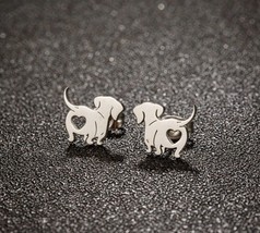 Dachshund Dog earrings - Silver stud earrings - Sausage Dog Earrings With Heart - $11.45