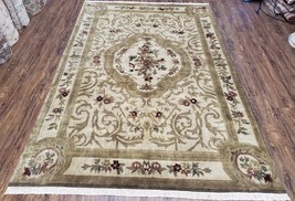 Vintage Nepali Aubusson Area Rug 6x9 Handmade Cream Floral Tibetan Wool Carpet - £689.20 GBP