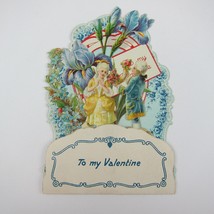 Vintage Valentine 3D Pop Up Die Cut Boy &amp; Girl 1700s Wigs &amp; Dress Blue Flowers - £15.92 GBP