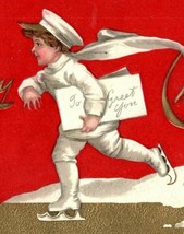 1910 Embossed Gilded Christmas Postcard Little Boy Ice Skating  - $21.78