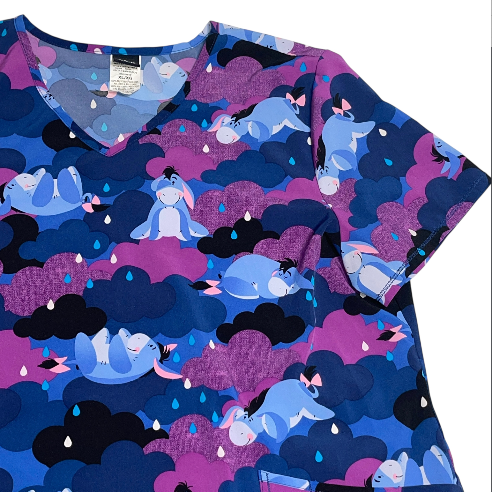 Disney Eeyore Scrub Shirt Top Sz XL Extra Large Women Purple Stretch Rain Clouds Item image 4