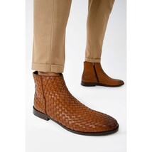 The Wellington Tan Handwoven Leather Men Boot with a Zipper Final Sale! image 15
