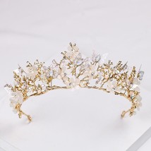 FORSEVEN Gold Flower Butterfly Bridal Tiaras Crowns Baroque Gold Pearl Diadem He - £19.47 GBP