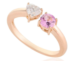 18k Solid Rose Gold Diamond Heart and Pink Sapphire Two Stone Open Ring - £901.67 GBP